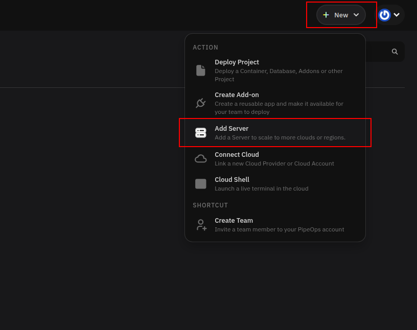Servers list page showing existing servers and the Create new Server button