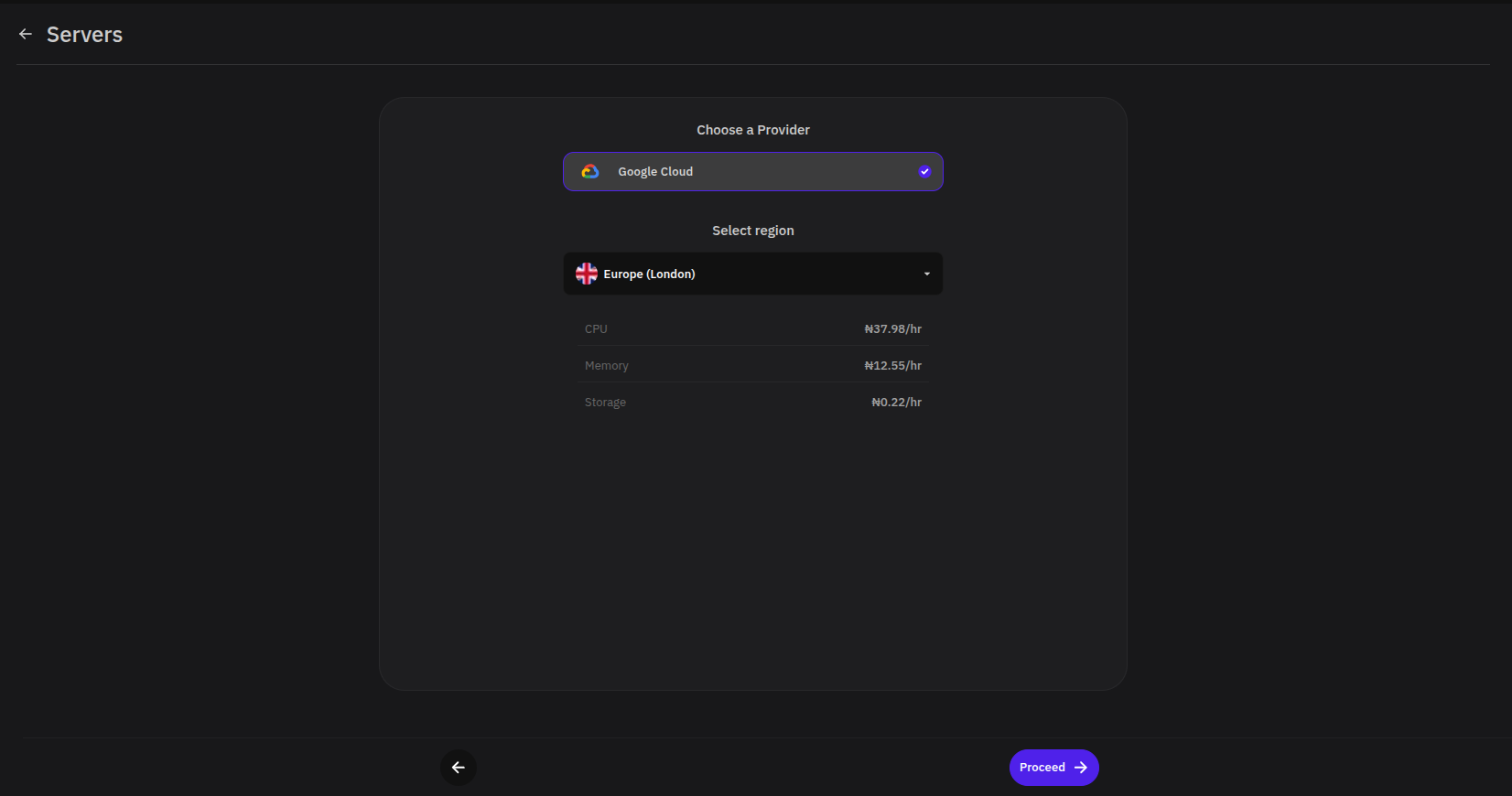 Nova server configuration showing provider selection, region, and per-hour pricing