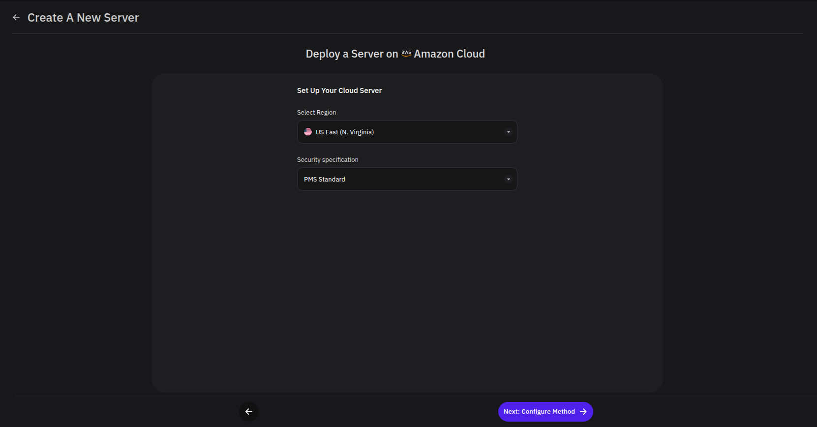 Create A New Server page showing region selection and security specification