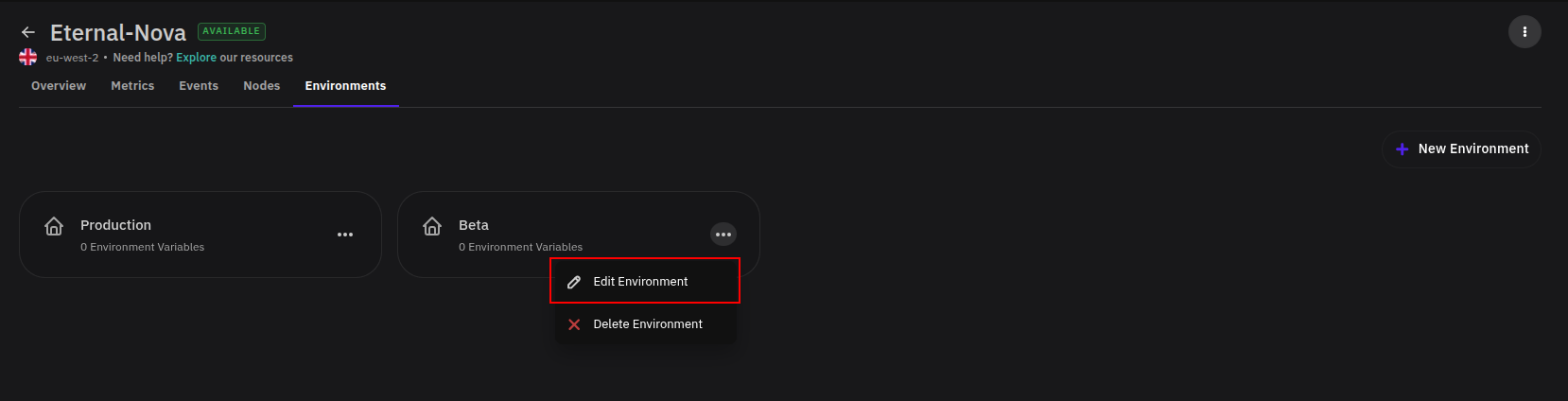 Three-dot menu with Edit Environment option highlighted