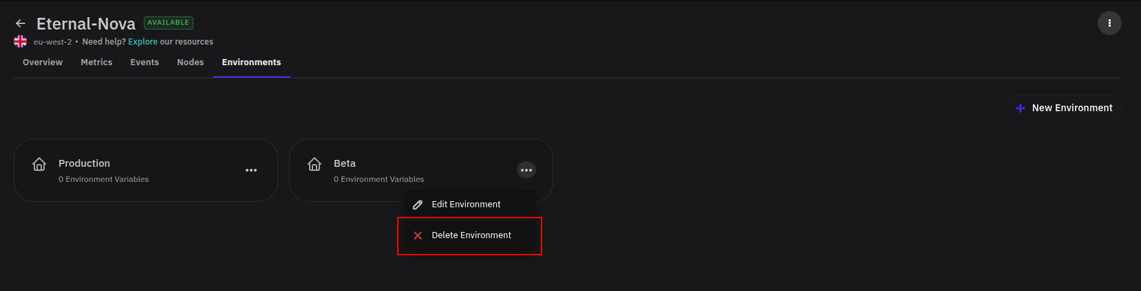 Three-dot menu with Delete Environment option highlighted