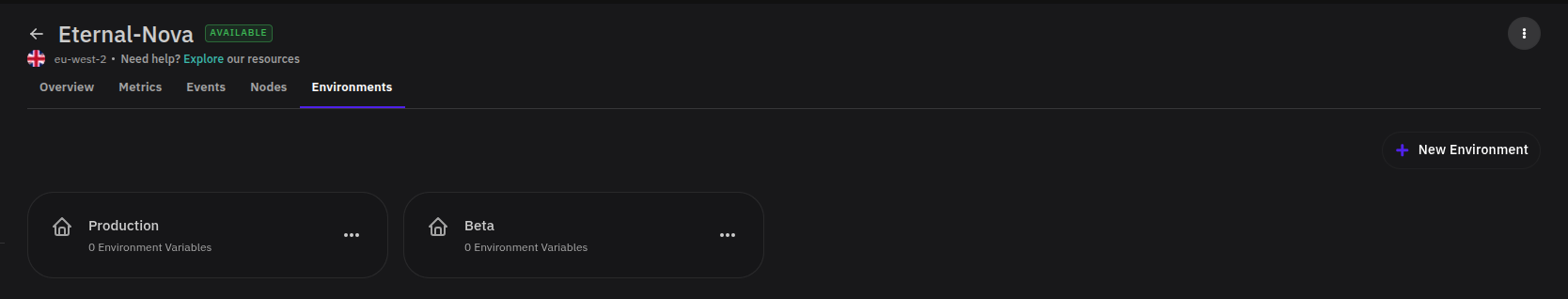 Server Environments tab showing default beta and production environments