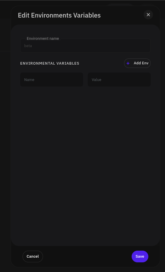 Edit environment modal showing name and variable fields