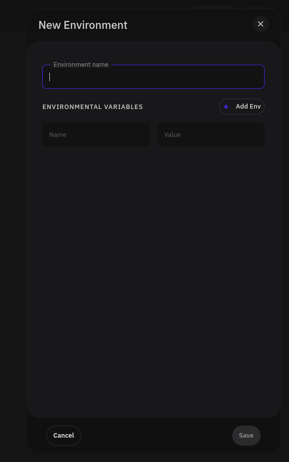 New environment modal showing name field and environment variables