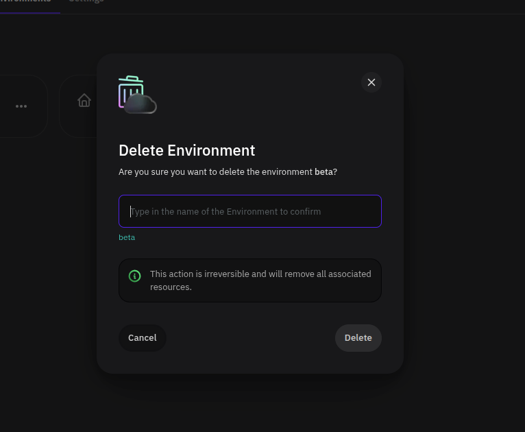 Delete environment confirmation modal with name input field