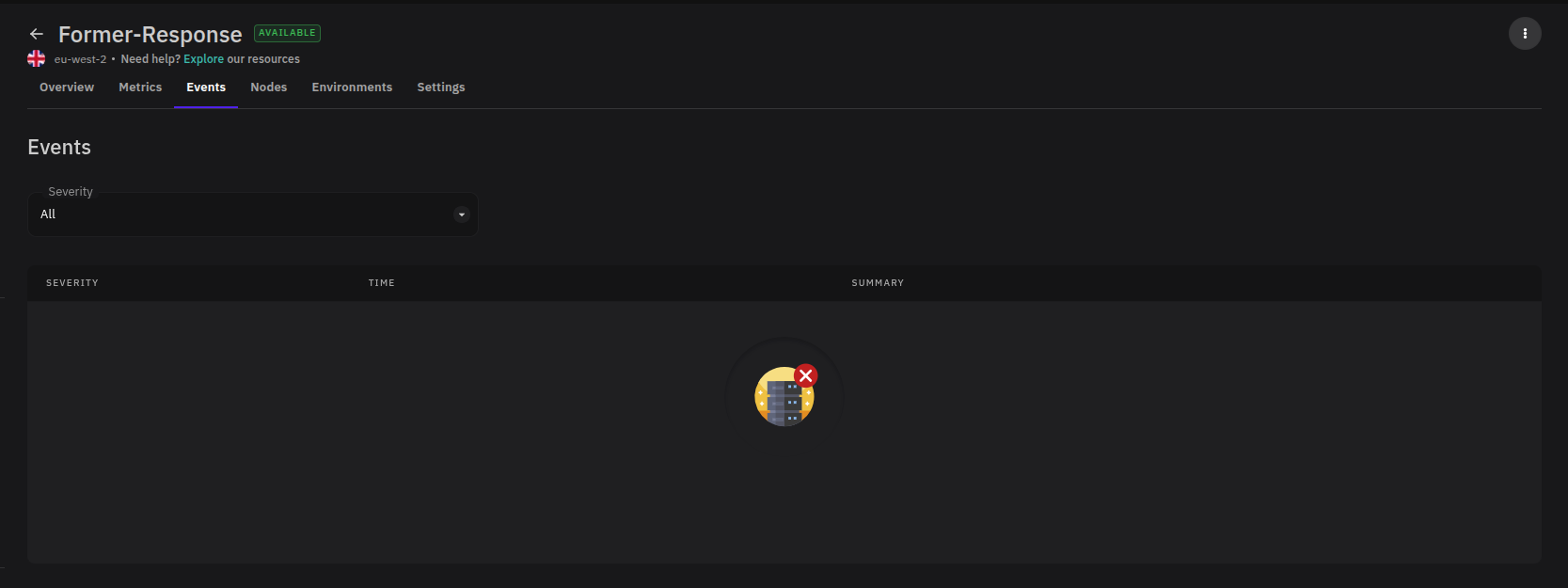 Server Events tab showing event entries with severity, time, and summary columns