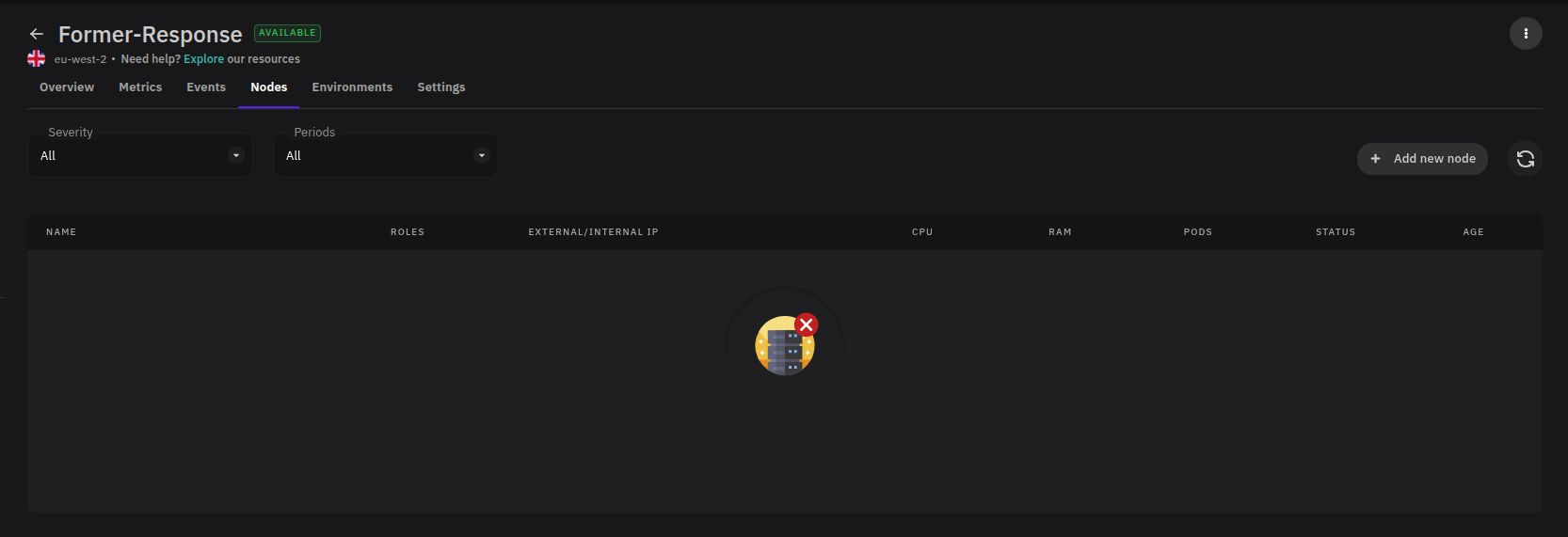 Server Nodes tab showing node list with resource metrics and status