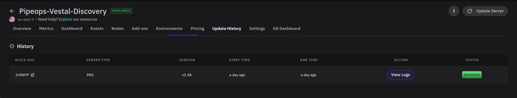 Server Update History tab showing the update log