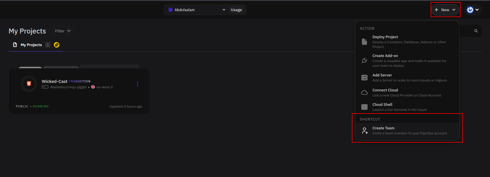 Account menu open with Teams option highlighted