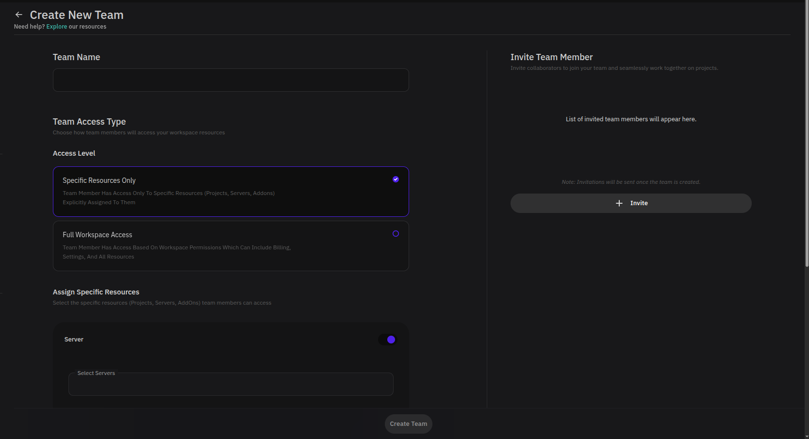Create New Team page with team name, access level, resource assignment, and invite section