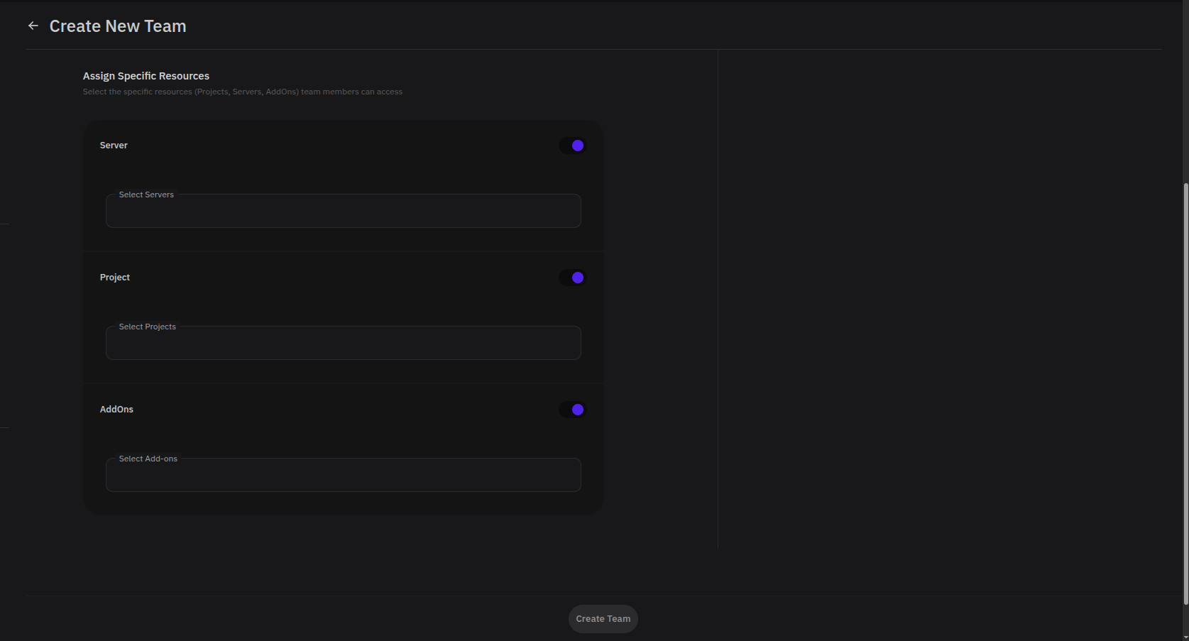 Assign Specific Resources section with Server, Project, and AddOns selectors