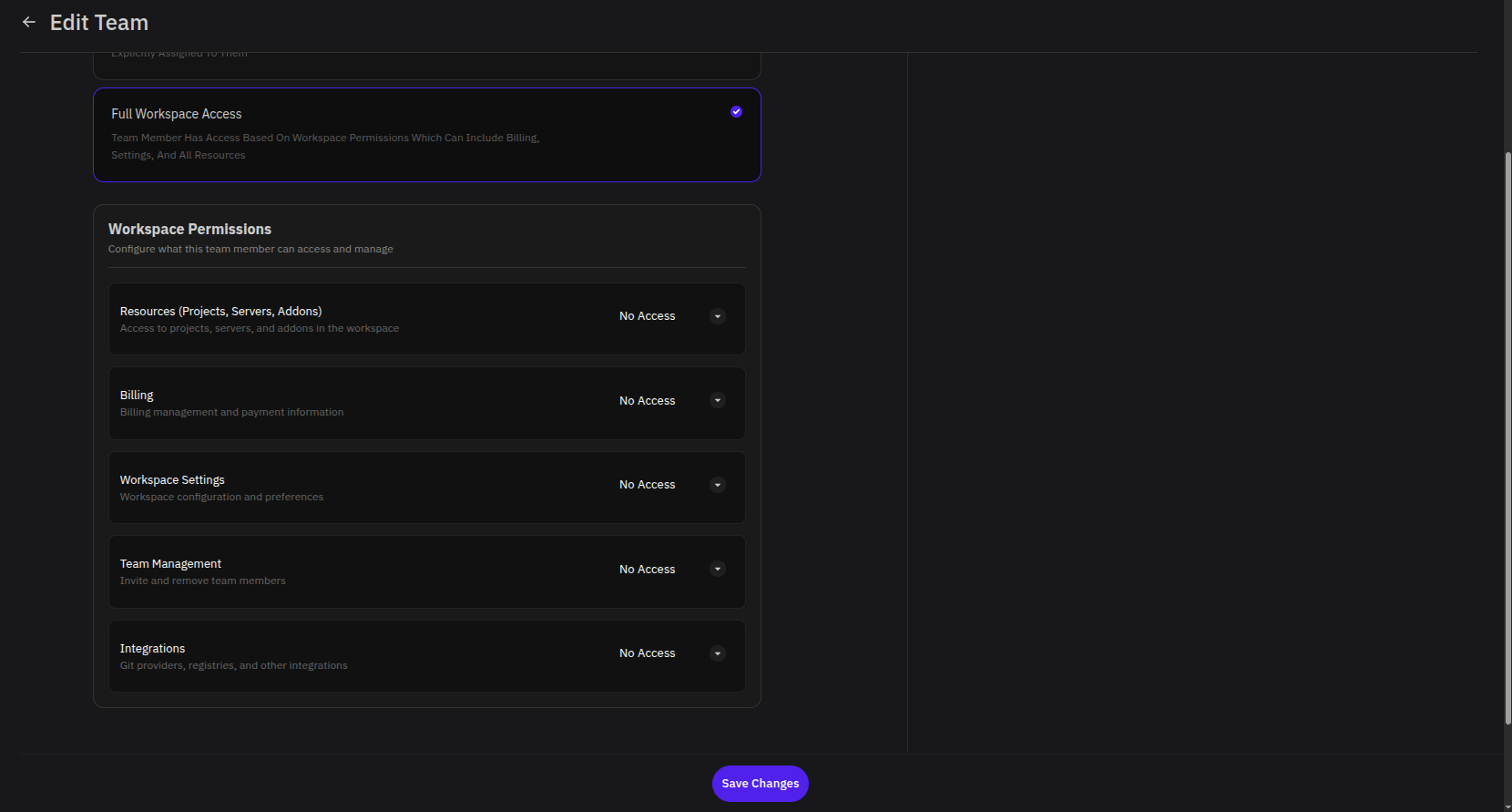 Full Workspace Access permissions with all permission categories visible