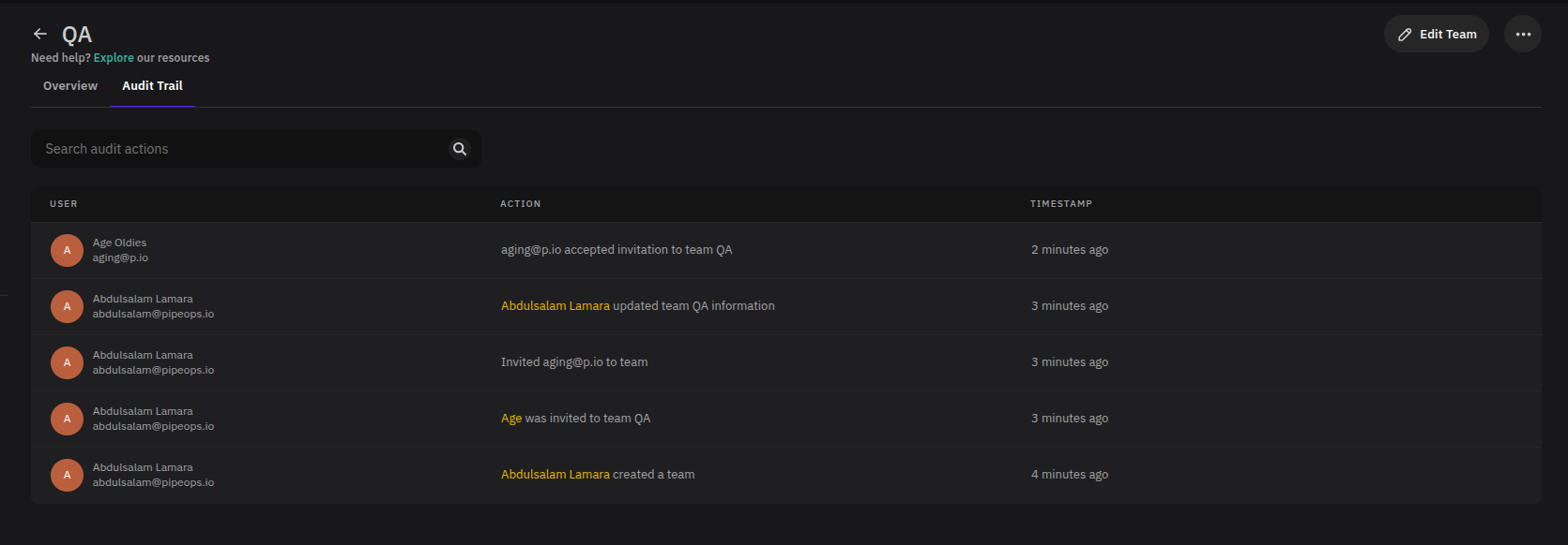 Audit Trail tab with search field and audit action table
