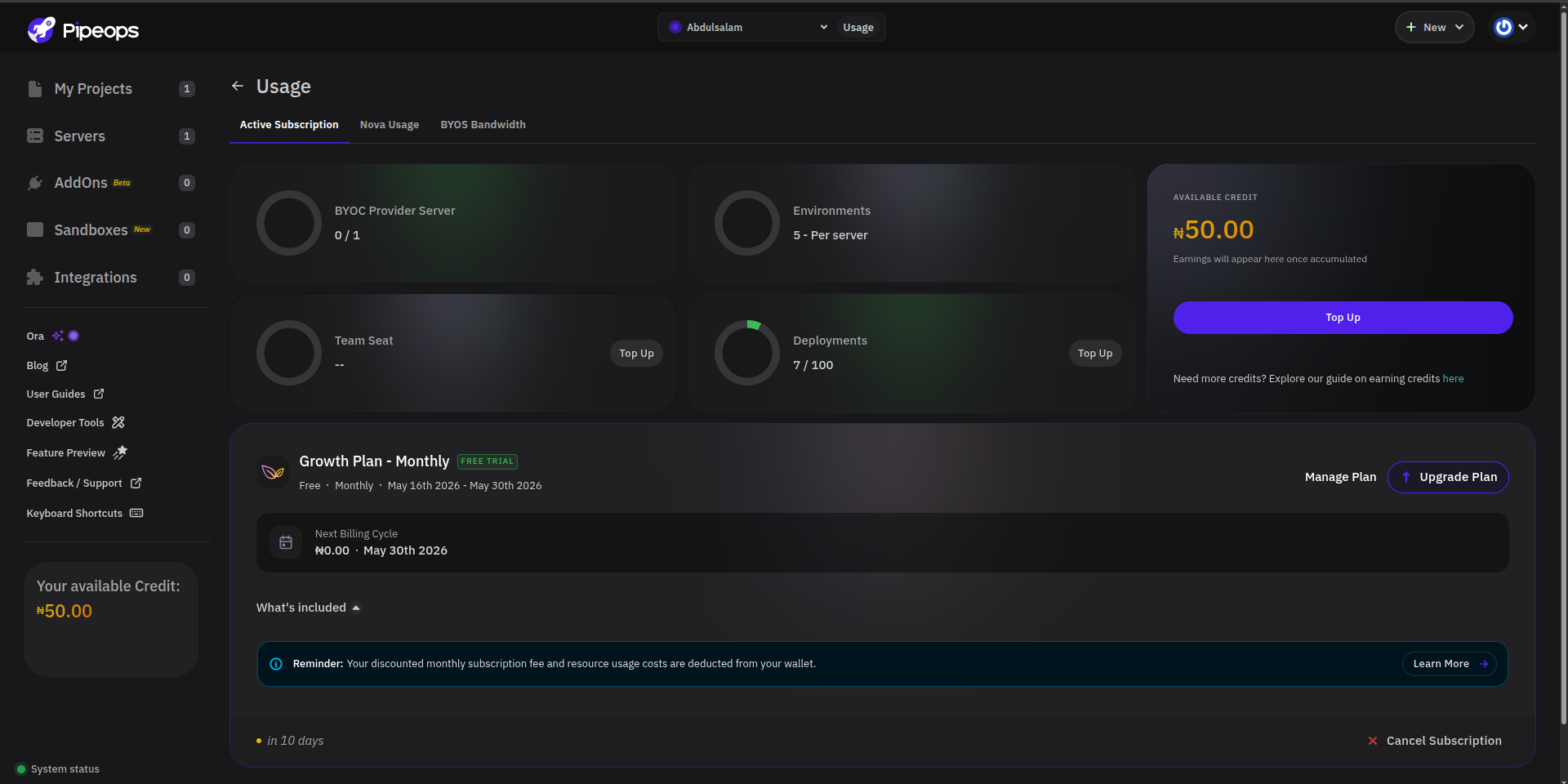 Active Subscription tab showing resource limits, available credit, and plan details