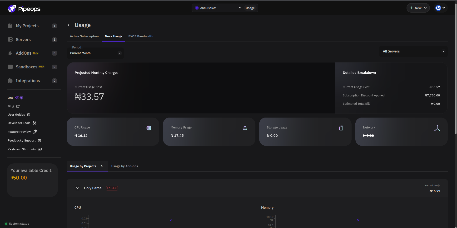 Nova Usage tab showing projected charges, resource cards, and project-level breakdown